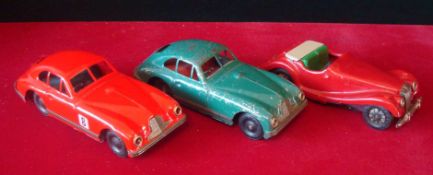 Original Tin Plate Scalex Cars: Three examples Aston Martin 1 Green and 1 Red (Red is a Repaint)