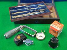 Selection of Drawing Instruments: brass drawing set in a mahogany box together with 3 Magnifying