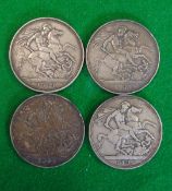 Victorian Silver Crowns: Four crowns for the years 1889 x2, 1891 and 1892 all in F condition