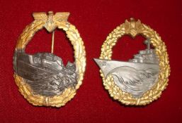 German KM Destroyer and 2nd Pattern E- Boat Badge: Gilt and White Metal with JFS Makers mark on rear