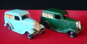 Tri-ang Minic Clockwork Small Delivery Van: Two examples Light Blue and Dark Green both having