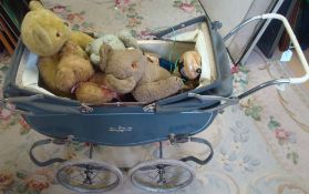 Child`s Pram and Collection of Teddy Bears: Double coach built Pram with Grey livery together with