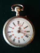 Ladies Silver Fob Watch: French engraved silver cased enamel faced fob watch with winder to top 27mm