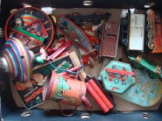 Box of Tin Plate Toys: To include 0 Gauge Hornby, Sooty Songster Xylophone, Marx Circus Bagatelle (1