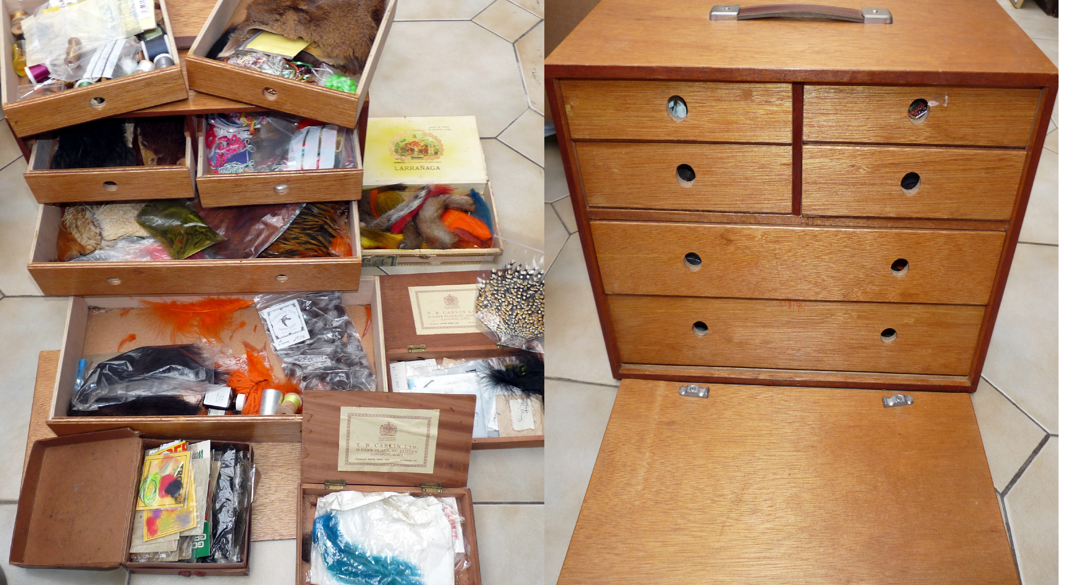FLY TYING MATERIALS: Wood portable fly tiers chest with drop down front with 6 slide drawers holding