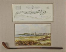 An interesting St Andrews Old Course display case to incl an original water colour of the Old Course