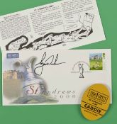 Tiger Woods 2000 Open Championship signed cover and caddie badge played at St Andrews and signed