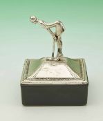 W.B. Mfg. & Co. art deco silver plated and glass ladies trinket box – the handle is a lady golfer in