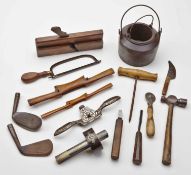 Group of Antique golf club making tools to incl cast iron glue pot with liner, various planes,