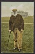 Tom Morris colour golfing postcard – titled “Old Tom”, full length photograph with the R&A Clubhouse