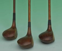 Set 3x matching James Braid large dark stained socket woods to incl a driver and 2x brassies c/w