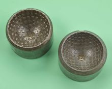 2x separate half golf ball moulds – to incl square mesh dimple stamped Oriole c/w bird logo and a