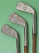3x Tom Stewart Maker St Andrews long irons to incl “Push Iron” with personal inspection dot, a Cleek
