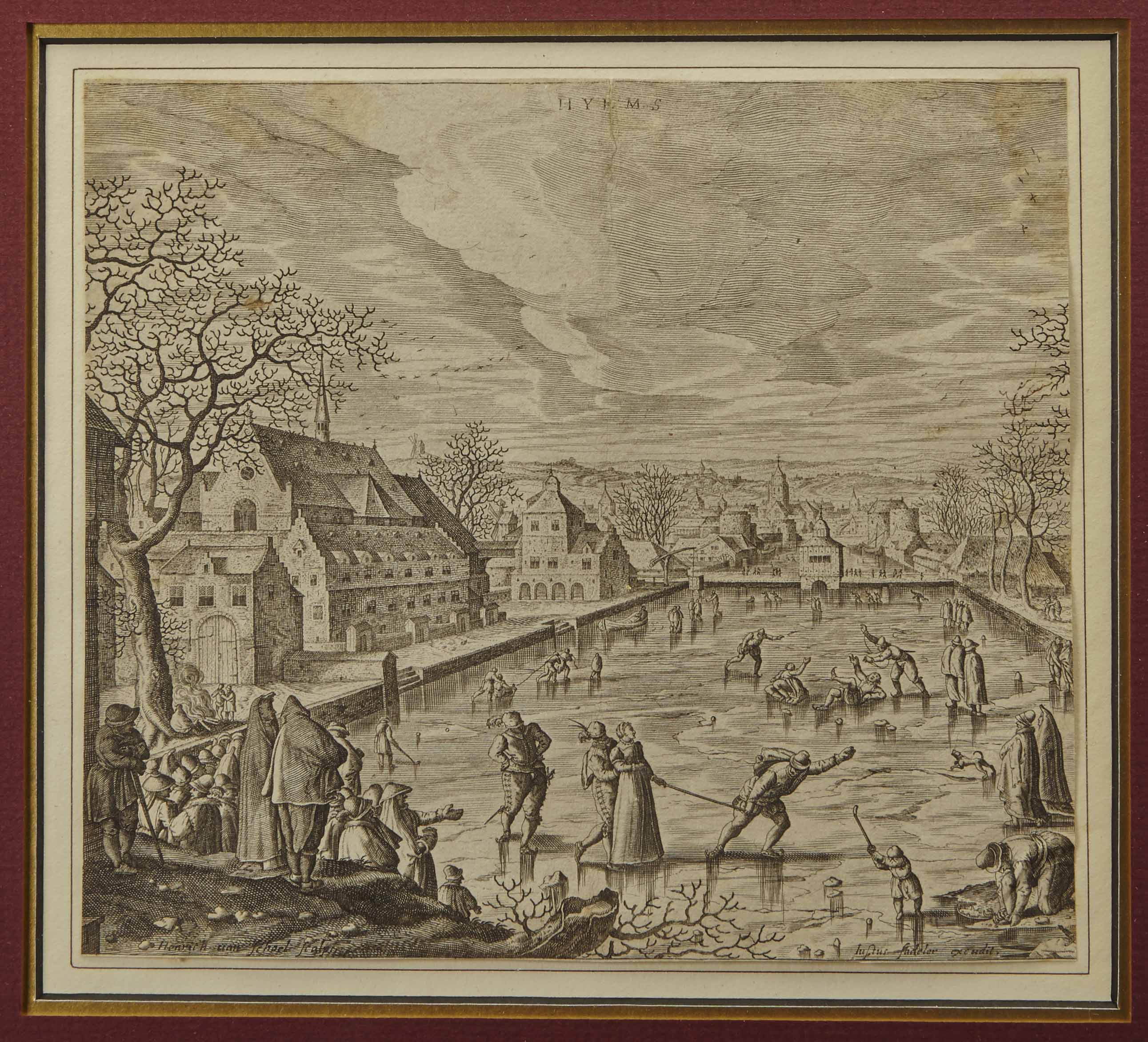 Early 17thC Dutch Kolf engraving scene c1680 – featuring a busy winter frozen canal scene with a