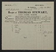 1924 Tom Stewart golf cleek maker, St Andrews receipt – on official-headed paper to Robert Simpson &