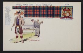 Tom Morris coloured postcard featuring The Clan MacNaugthon and their tartan colours with Old Tom