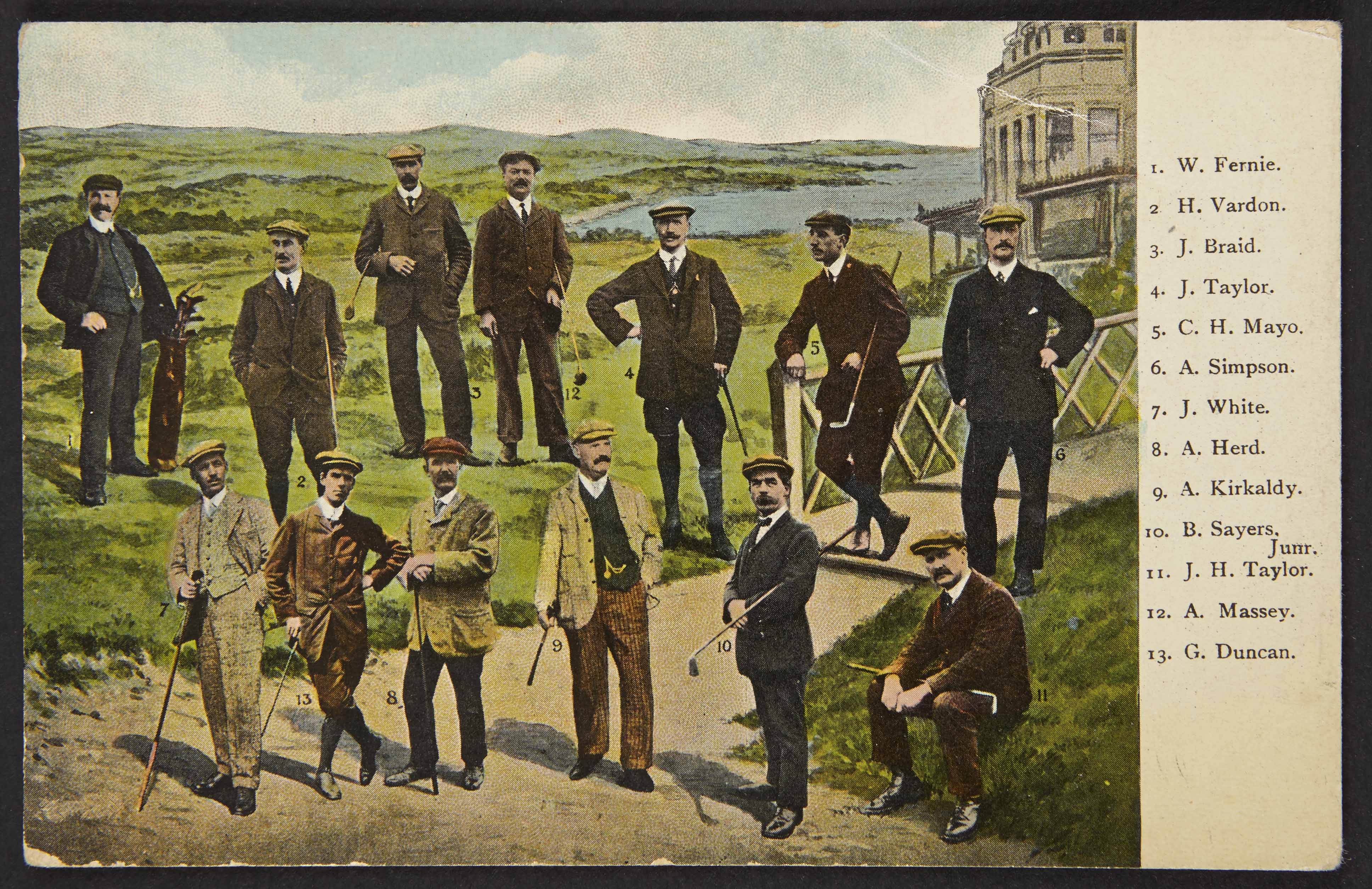 Group of champion golfers at St Andrews coloured golfing postcard – in various poses with the R&A