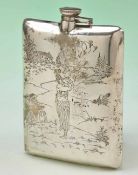 Large sterling silver golfers hip flask – the front panel engraved with golfing scene featuring a
