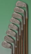 Fine and interesting set of 8x Tom Stewart St Andrews hickory shafted irons to incl 7x matching