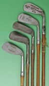 5x various patent irons to incl 2 with slotted hosels, 2x Butchart- Nicholls hickory/bamboo irons,