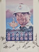 1989 official PGA Ryder Cup signed American team golf poster - played at Belfry, England and