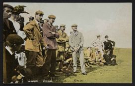 A fine early coloured golfing postcard of Vardon, Braid, Fernie, and Taylor on the tee with