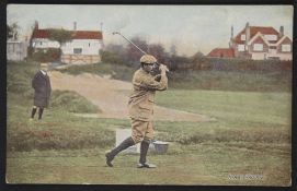 Harry Vardon coloured golfing postcard driving from the tee, unused, tiny marks to the corners,