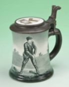 O’Hara Dial Co. green and white golfers beer stein c1900 – c/w pewter and enamel inlaid hinged lid