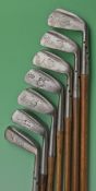 7x Tom Stewart Maxwell wide flanged sole irons and putter to incl 3x D&W Auchterlonie St Andrews