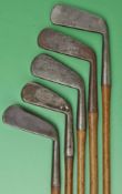 5x BGI Co., Bridgeport, Conn. smf irons to incl a cleek, a mashie (head loose), a lofter, and two