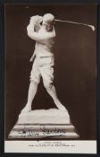 Harry Vardon signed b/w golfing post card depicting the statuette of Harry Vardon at the top of