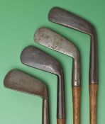 4x various smf irons to incl a Carruthers patent bore thro’ short hosel cleek, a mashie stamped Dunn