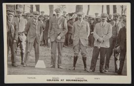 Taylor, Braid, Vardon, and Herd b/w postcard titled “Golfers at Bournemouth” on the first tee at the