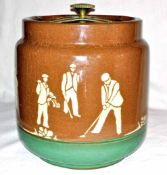 Rare Langley Stoneware tobacco humidor jar c1900 – featuring white golfing figures and caddy against