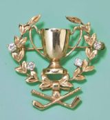 Fine ladies 14carat gold and diamond golf brooch – comprising crossed golf clubs, 4x diamonds shaped