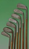 Composed set of 7x Tom Stewart made irons and putter for various club makers to incl cleek, mid