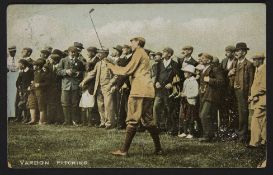 Harry Vardon coloured golfing postcard titled “Vardon Pitching” – used and dated 1907, National