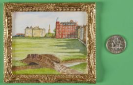 St Andrews The Old Course miniature water colour – featuring the Swilkin Bridge in the foreground,