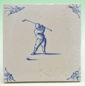 Blue and white Dutch delft golfing tile – decorated with early Kolf figure – overall 4.75” x 4.75”
