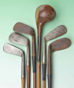 Collection of 5 smf irons and scare head brassie - to incl a Spalding brassie, a Spalding cleek, 2