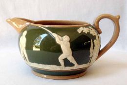 Rare Copeland Spode green and white cream jug c1900 – decorated in relief with white golfers and