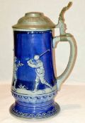 Scarce Peter Gerz German made blue half litre beer stein c1900s – decorated with 3x golfers and a