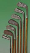 Composed set of 7x Tom Stewart made irons for various club makers to incl 3 iron to niblick (shaft