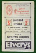 1935 Ireland (Champions) v Scotland rugby programme – played on 23rd February at Lansdowne, light