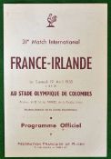 1958 France v Ireland Rugby Programme – played on 19th April 1958 at Olympique de Colombes, a single