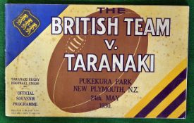 1930 British Lions v Taranaki Rugby Programme – played on 24th May 1930 at Pukekura Park with