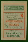 1947 Wales v Australia signed rugby programme: Played at Cardiff Arms Park 20th December 1947,