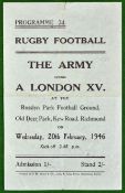 1946 The Army v London XV Rugby Programme: Played at Rosslyn Park Football Ground Richmond 20th