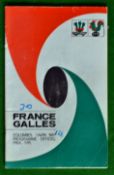 1967 France (Champions) v Wales Rugby programme – played on 1st April at Stade Colombes, score to