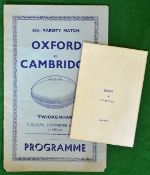 1935 Oxford v Cambridge Rugby programme and 1928 Menu – to incl 1935 Oxford v Cambridge 60th Varsity
